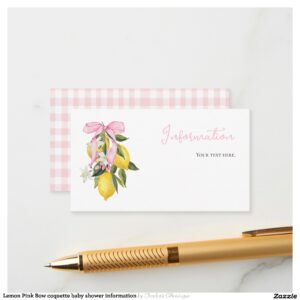 Lemon Pink Bow coquette baby shower information Enclosure Card