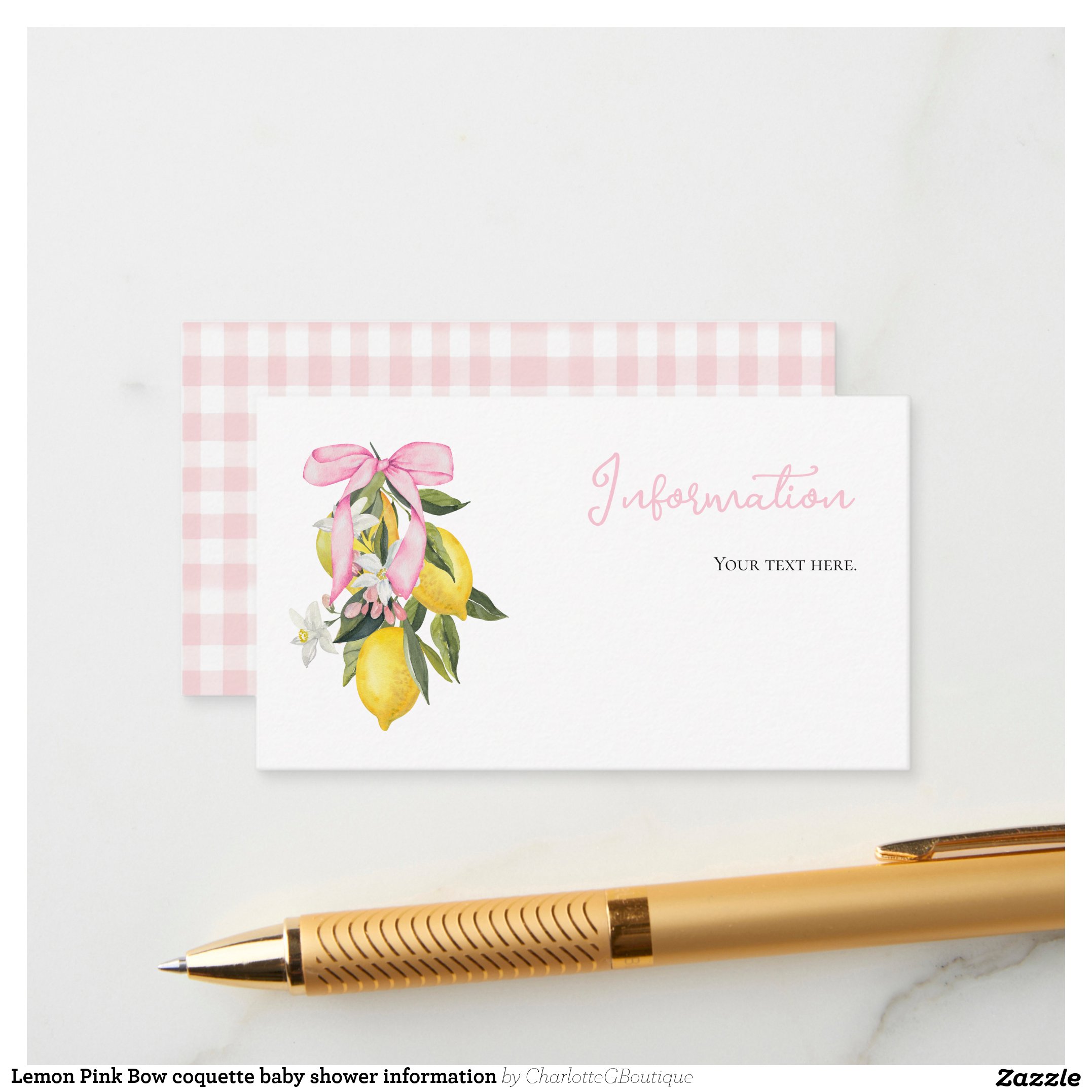 Lemon Pink Bow coquette baby shower information Enclosure Card