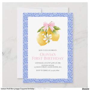 Lemon Pink Bow preppy Coquette birthday Invitation