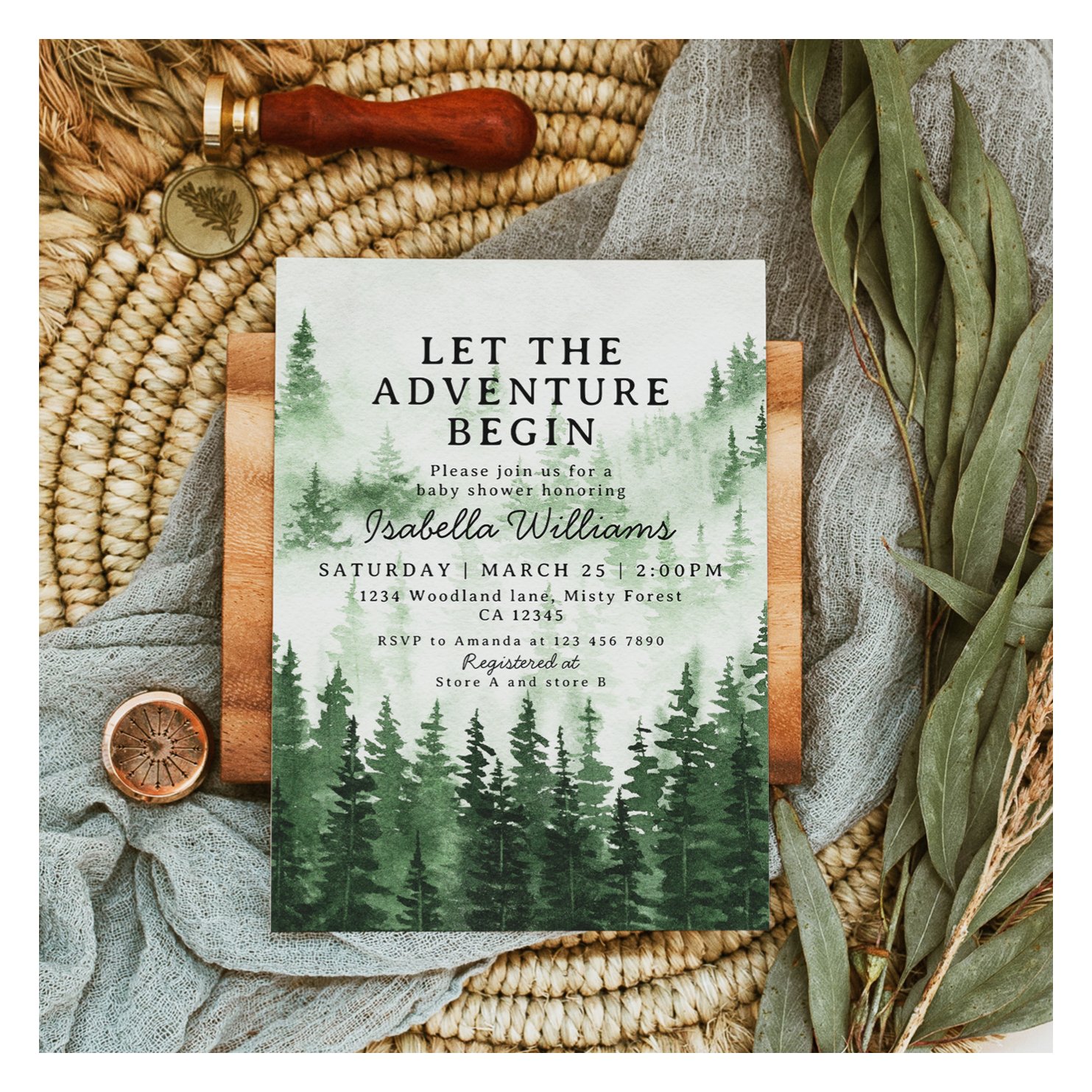 Let The Adventure Begin Rustic Forest Baby Shower Invitation