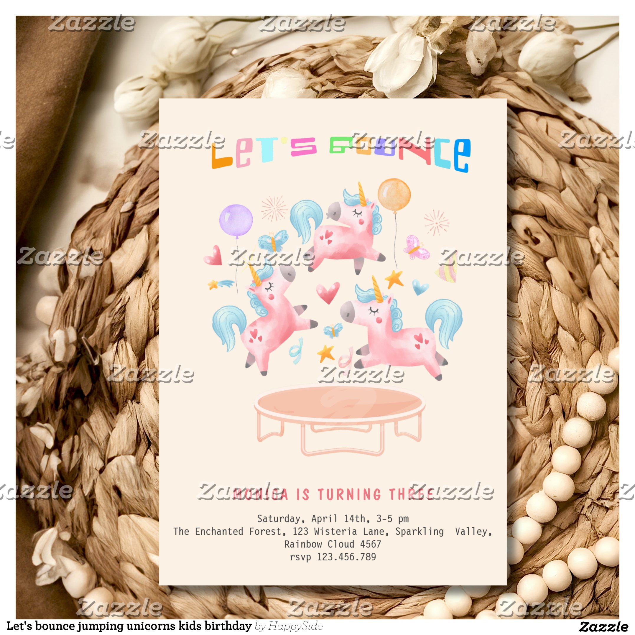 Let's bounce jumping unicorns kids birthday invitation