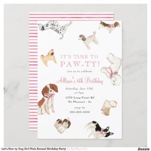 Let's Paw-ty Dog Girl Pink Animal Birthday Party Invitation