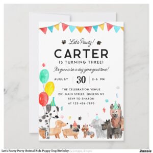 Let's Pawty Party Animal Kids Puppy Dog Birthday Invitation