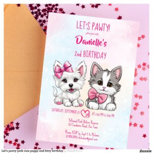 Let's pawty pink cute puppy and kitty birthday invitation