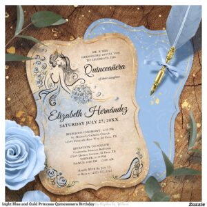 Light Blue and Gold Princess Quinceanera Birthday Invitation