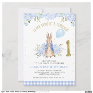 Light Blue Floral Peter Rabbit 1st Birthday Invitation