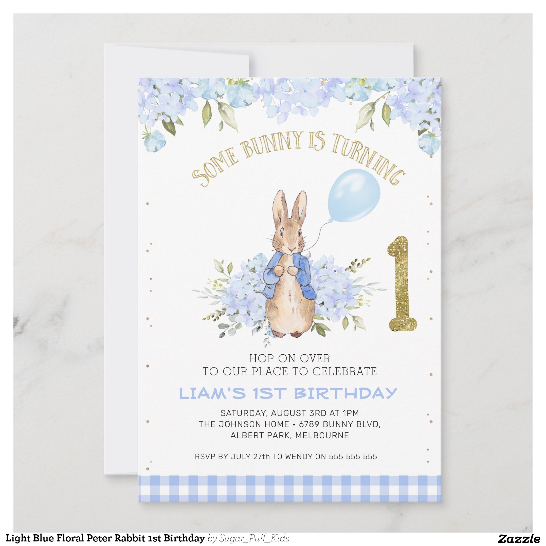 Light Blue Floral Peter Rabbit 1st Birthday Invitation