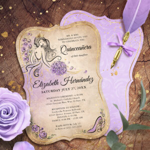Lilac Lavender Gold Princess Quinceanera Birthday Invitation
