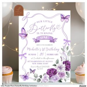 Lilac Purple Floral Butterfly Birthday Invitation