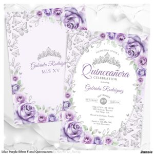 Lilac Purple Silver Floral Quinceanera Invitation