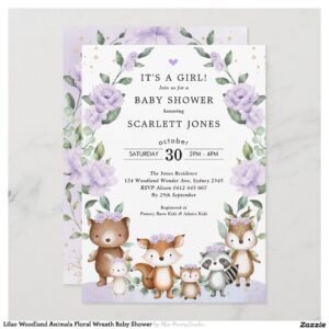 Lilac Woodland Animals Floral Wreath Baby Shower Invitation