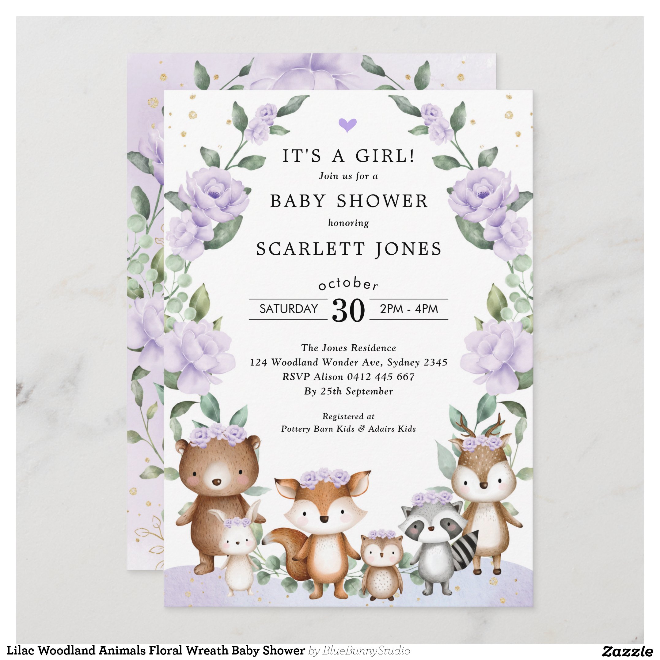 Lilac Woodland Animals Floral Wreath Baby Shower Invitation