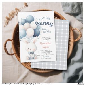 Little Bunny Bow Tie Balloons Navy Baby Boy Shower Invitation