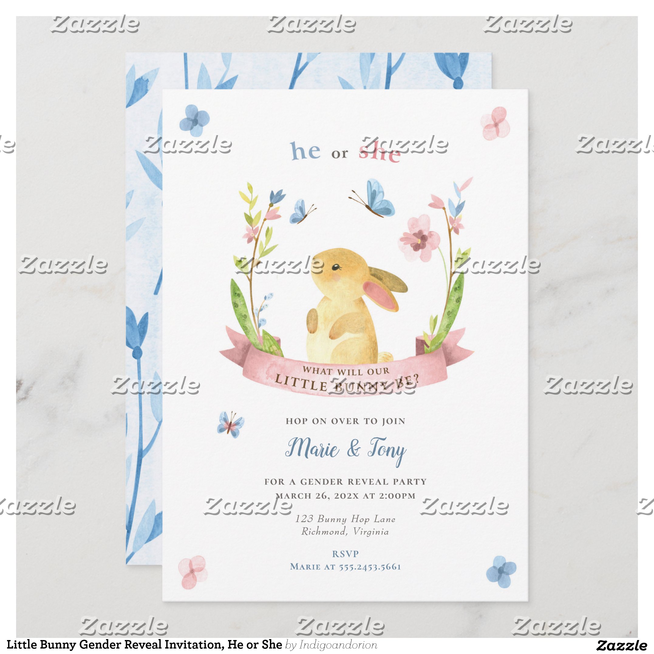 Little Bunny Gender Reveal Invitation, He or She Invitation