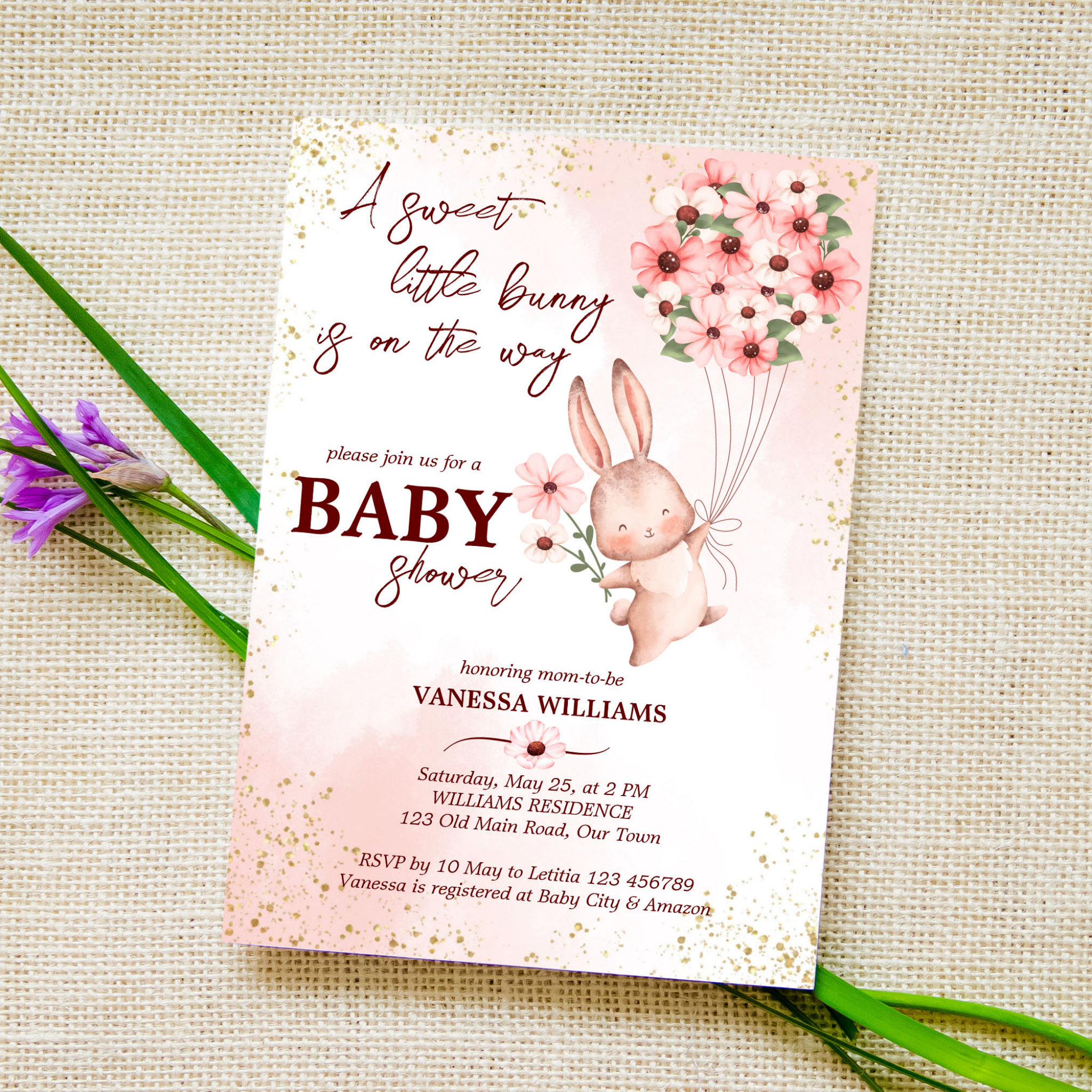 Little bunny is on the way baby shower invitation