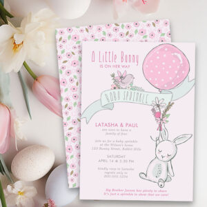 Little Bunny with Balloon Cute Girl Baby Sprinkle Invitation