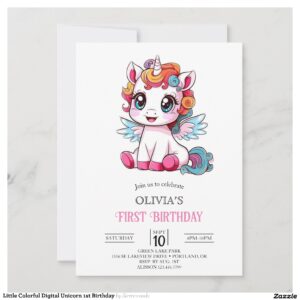 Little Colorful Digital Unicorn 1st Birthday Invitation