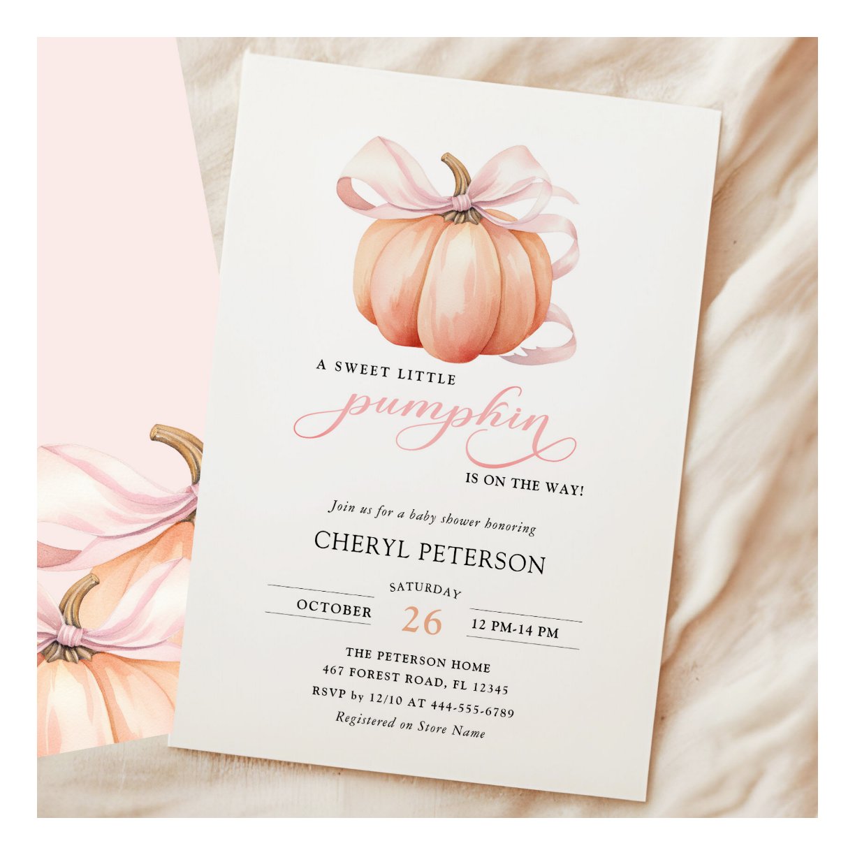 Little Pumpkin on the Way Pink Bow Baby Shower Invitation