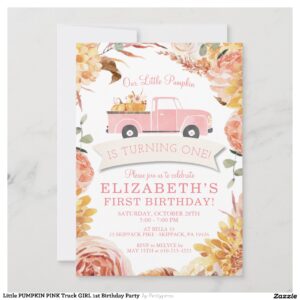 Little PUMPKIN PINK Truck GIRL 1st Birthday Party Invitation