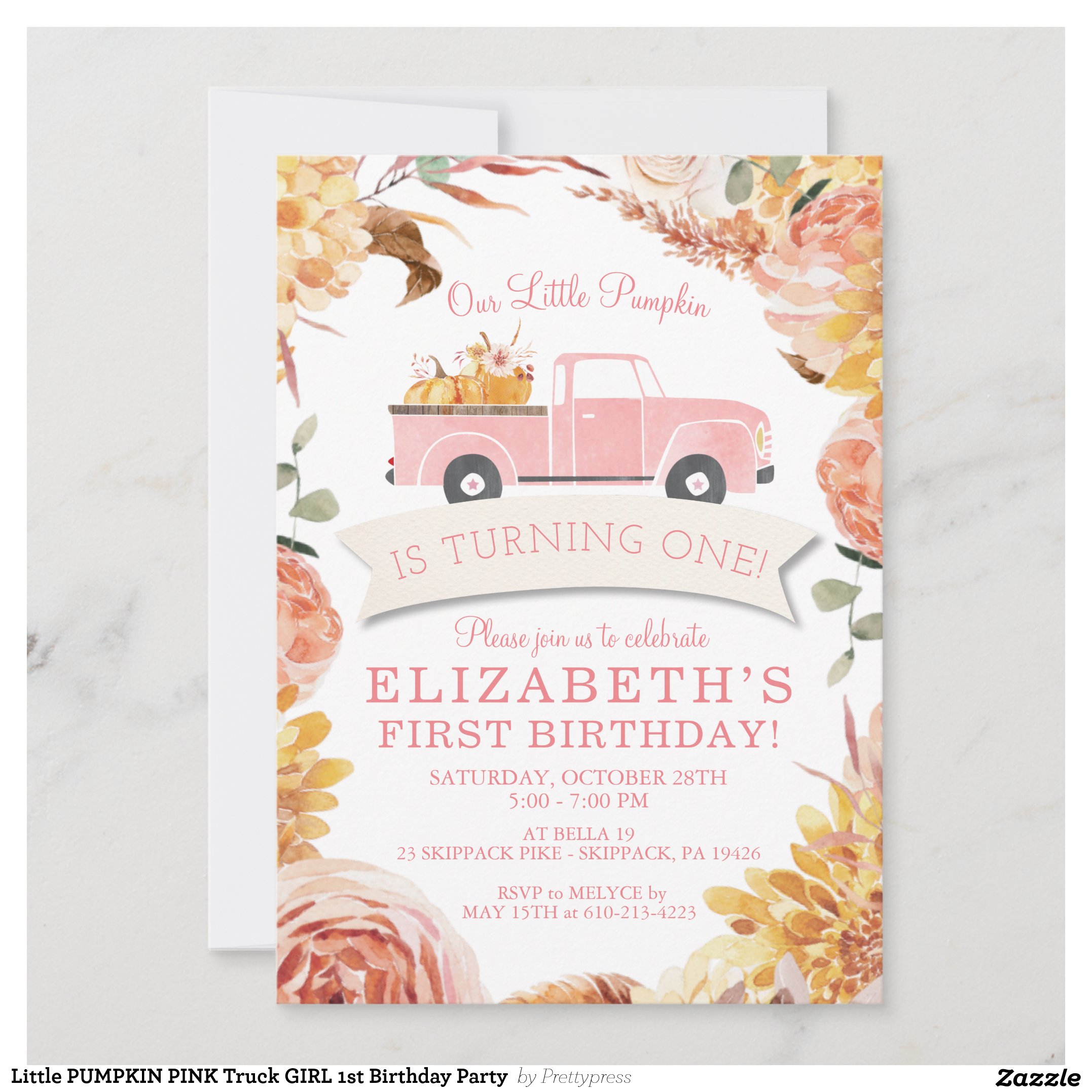 Little PUMPKIN PINK Truck GIRL 1st Birthday Party Invitation