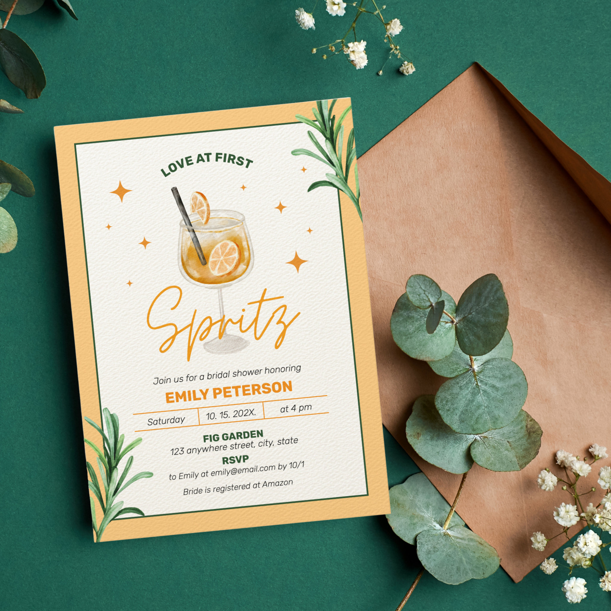 Love at First Spritz Cokctail Orange Bridal Shower Invitation