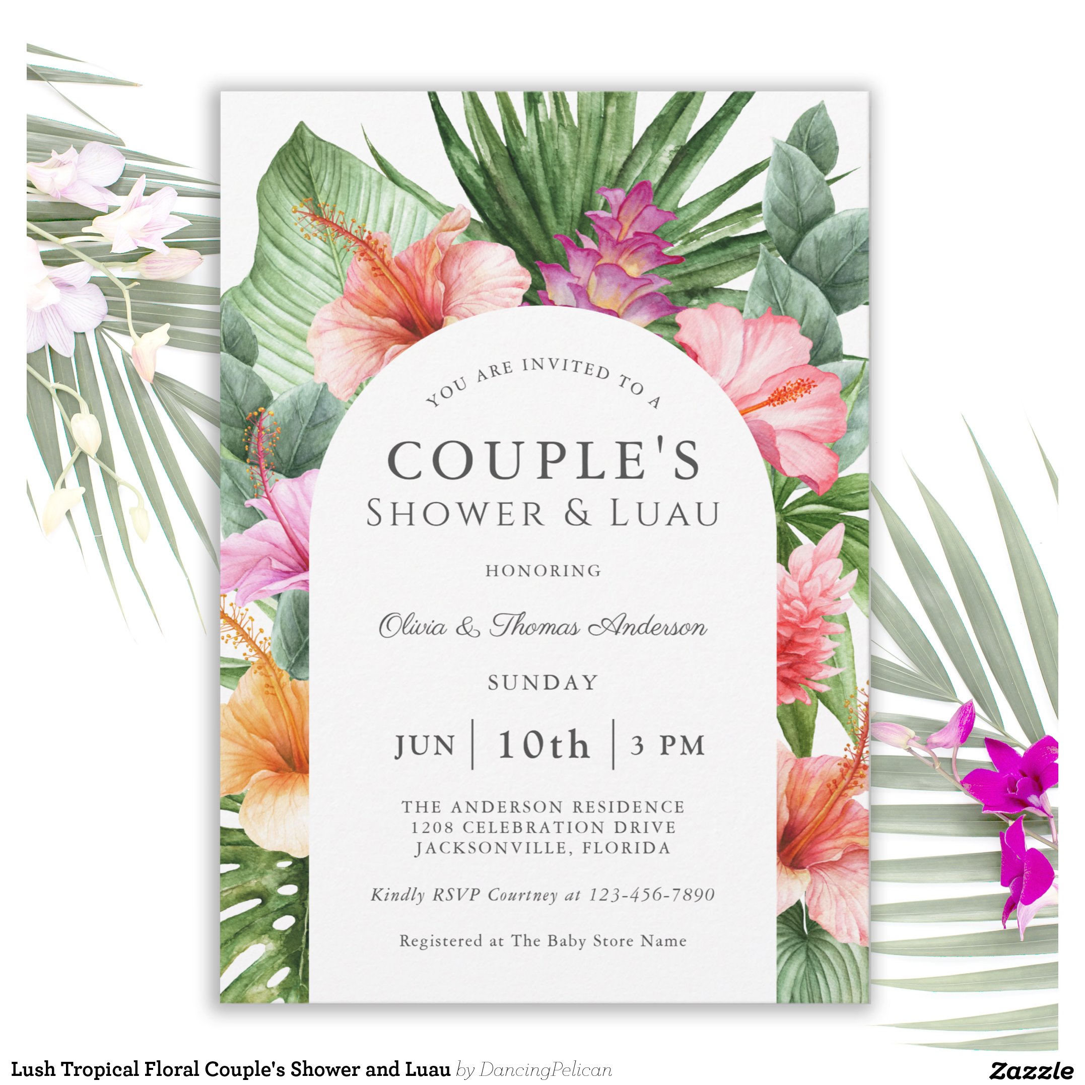 Lush Tropical Floral Couple's Shower and Luau Invitation