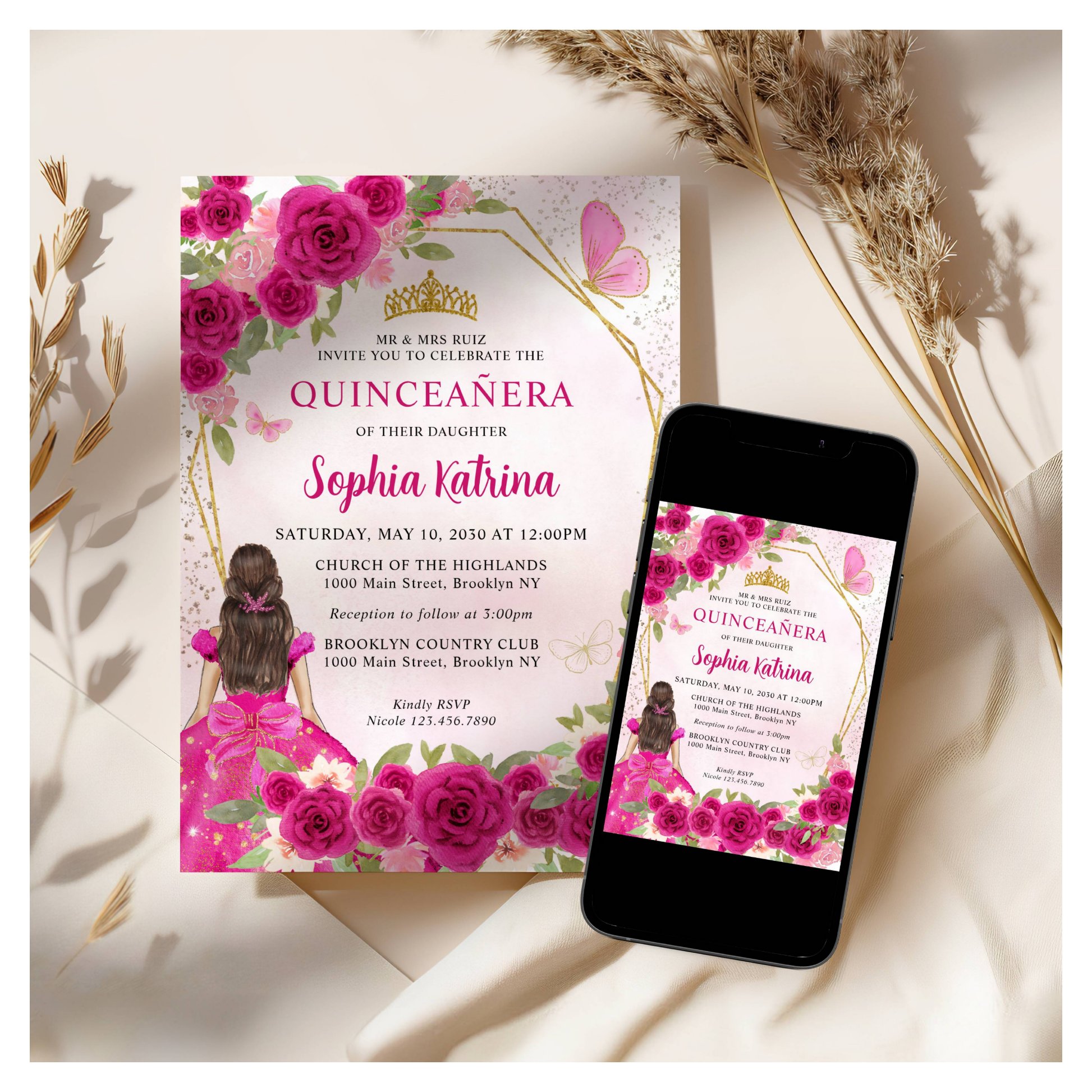 Magenta Pink Glam Gold Floral Princess Quincea?era Invitation