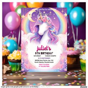 magic girly cute purple pink unicorn 1st birthday invitation
