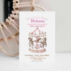 Magical Carousel Unicorn 1st Kids Birthday Party Invitation