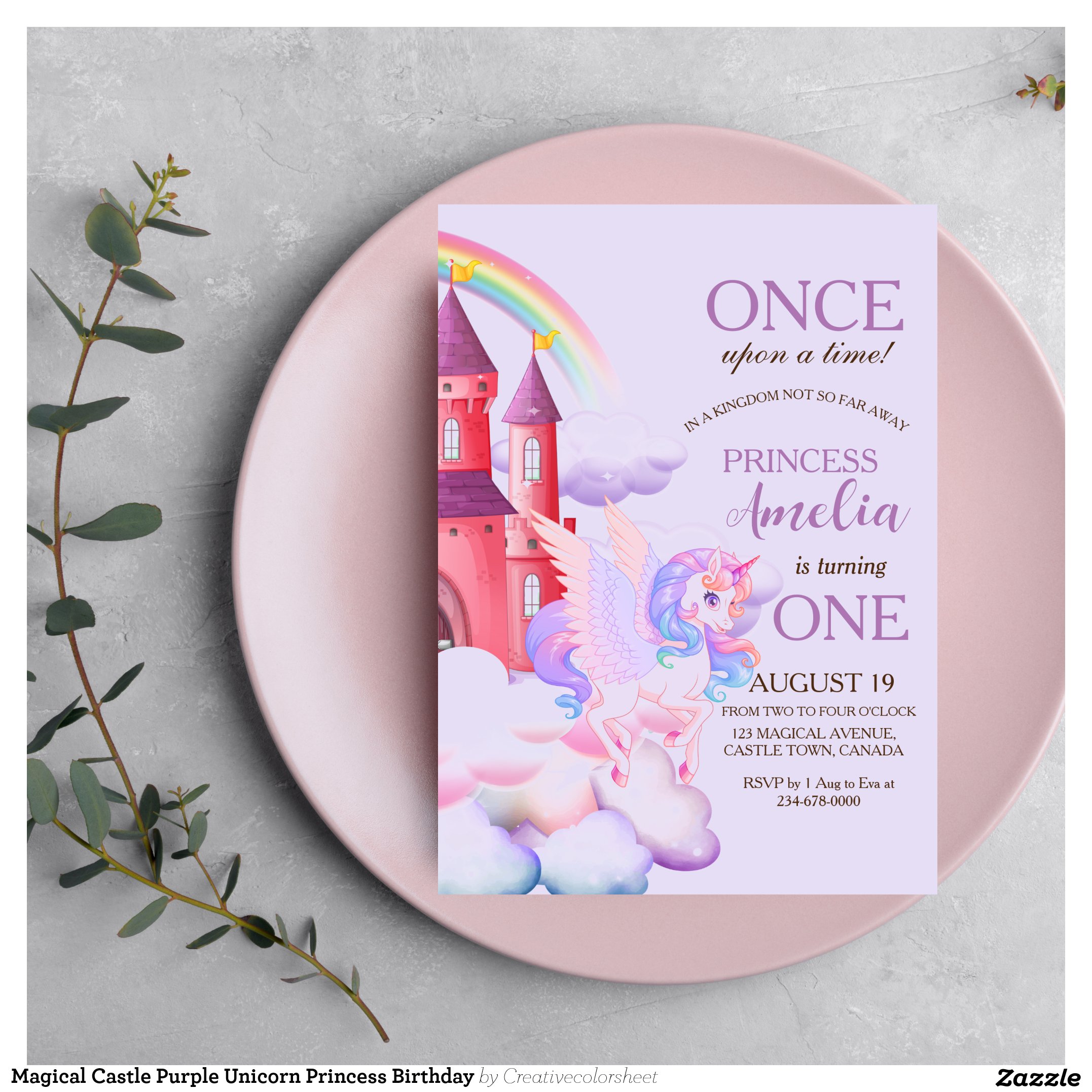 Magical Castle Purple Unicorn Princess Birthday Invitation