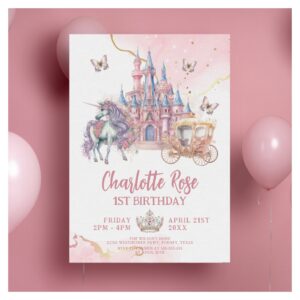 Magical Castle Unicorn Pink Princess 1st Birthday Invitation