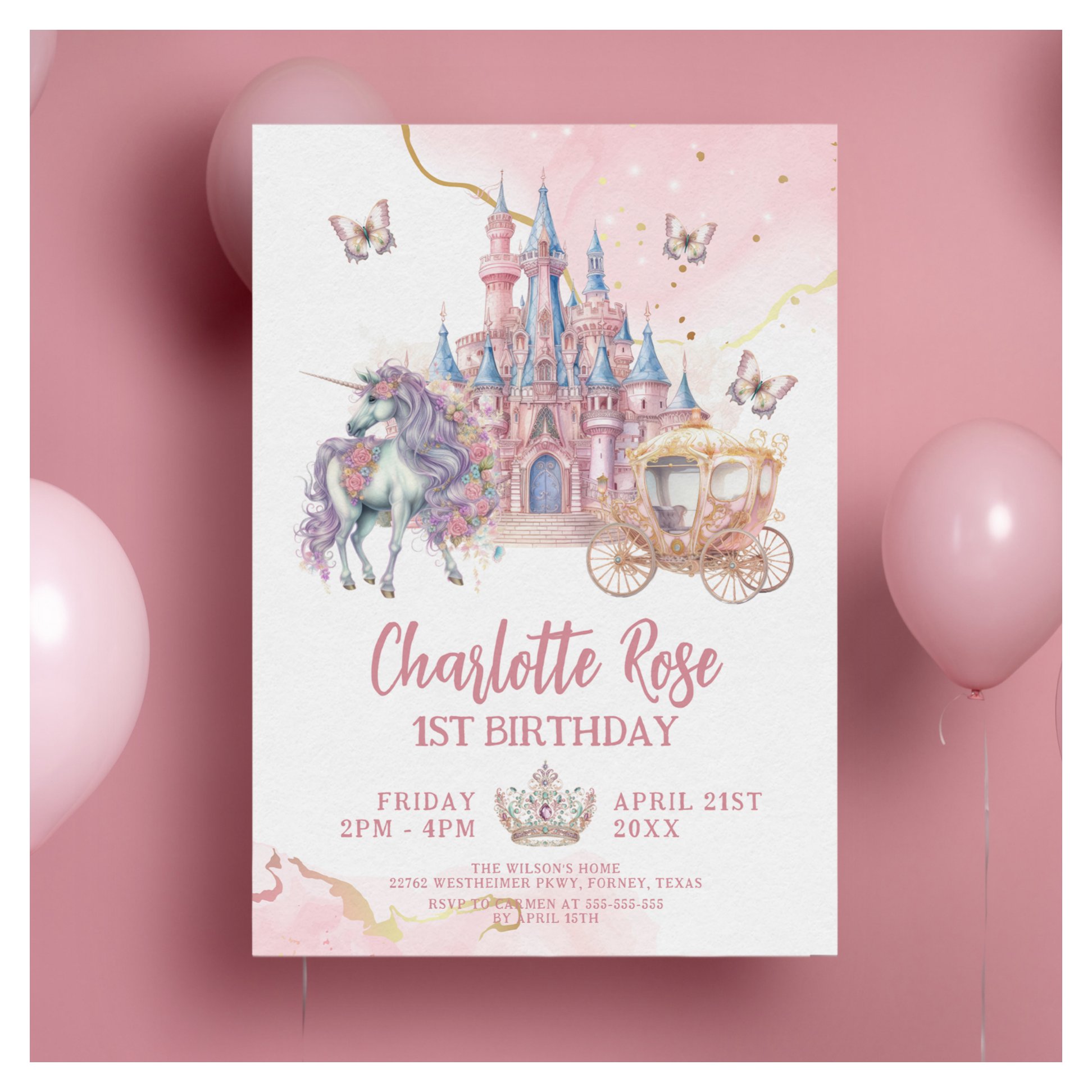 Magical Castle Unicorn Pink Princess 1st Birthday Invitation