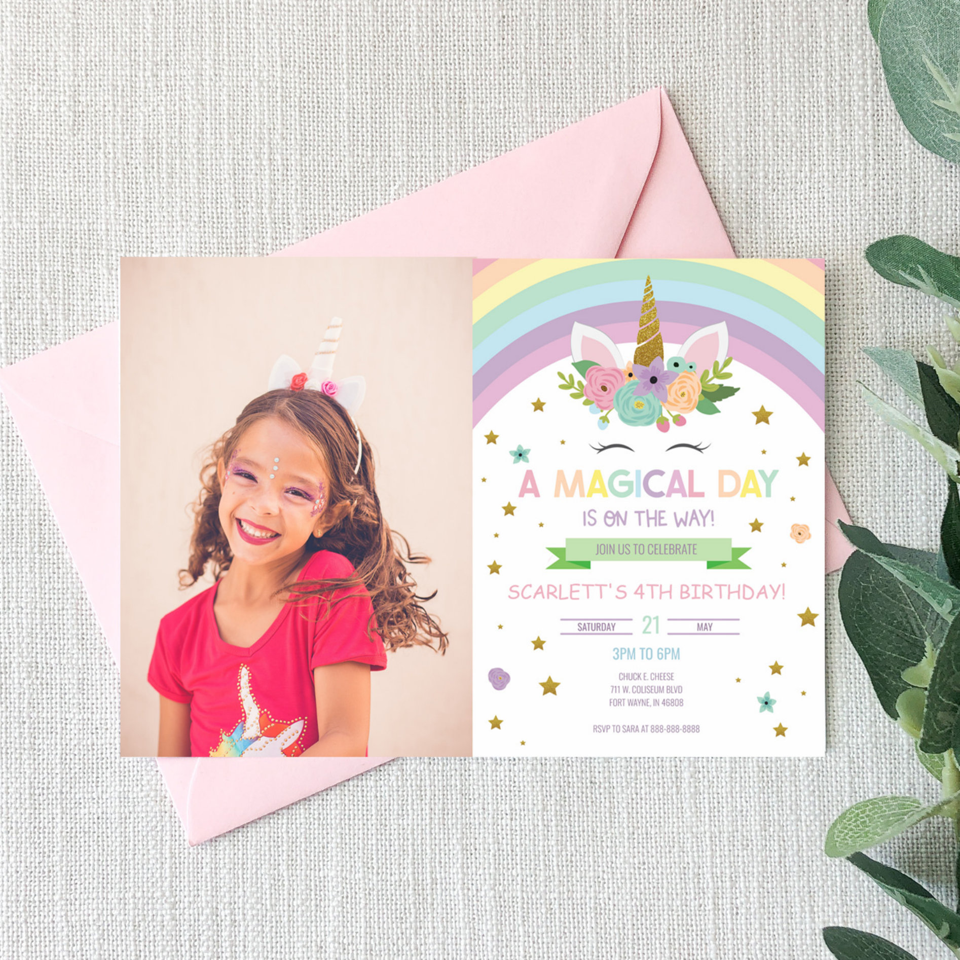Magical Day Unicorn and Rainbows Birthday Party Invitation