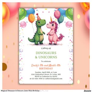 Magical Dinosaur & Unicorn Joint Kids Birthday Invitation