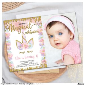 Magical Glitter Unicorn Birthday with photo Invitation