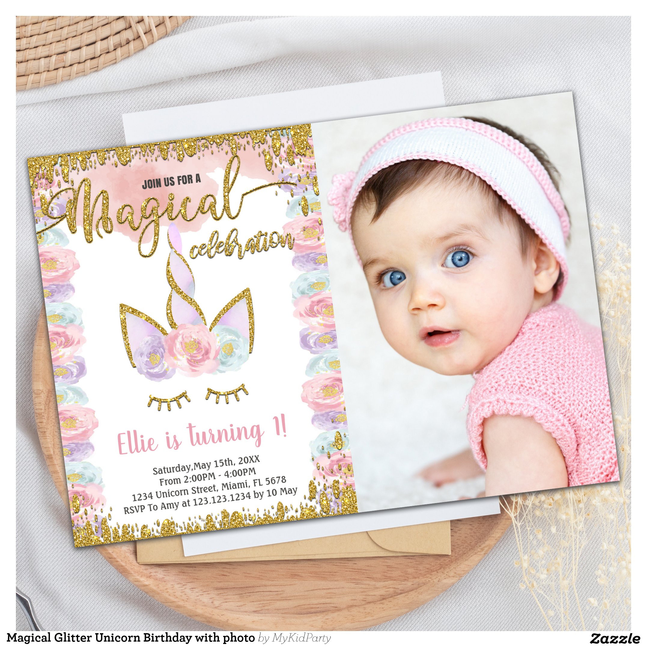 Magical Glitter Unicorn Birthday with photo Invitation