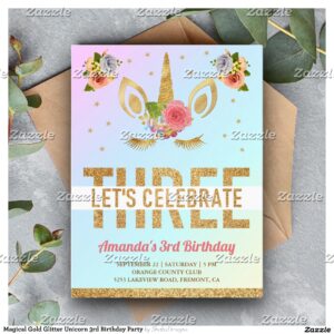 Magical Gold Glitter Unicorn 3rd Birthday Party Invitation Postcard