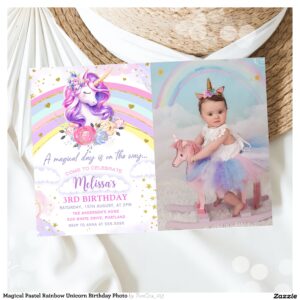 Magical Pastel Rainbow Unicorn Birthday Photo Invitation