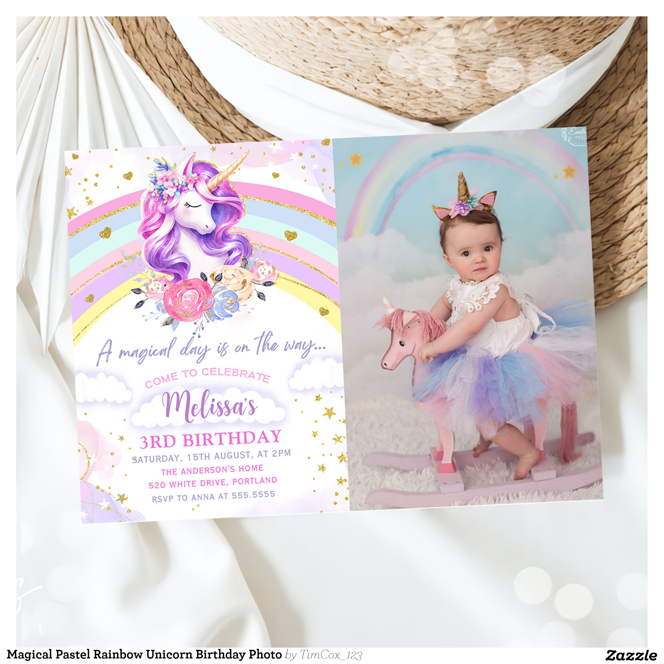 Magical Pastel Rainbow Unicorn Birthday Photo Invitation