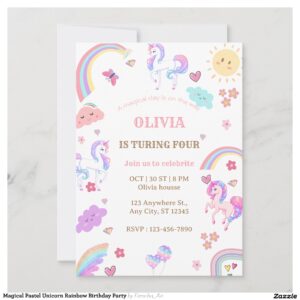 Magical Pastel Unicorn Rainbow Birthday Party Invitation
