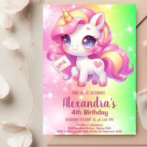 Magical Pastel Unicorn Rainbow Birthday Party Invitation