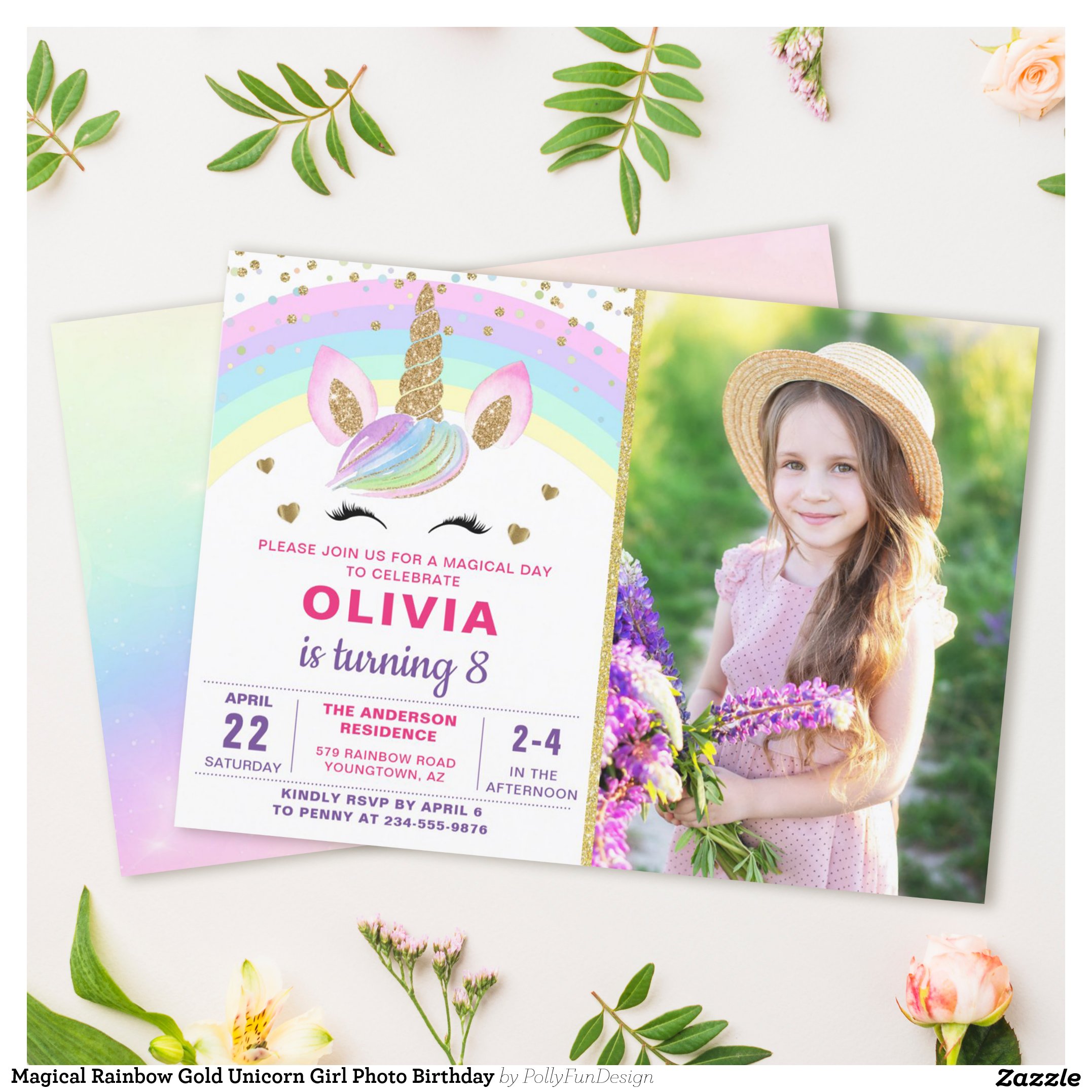 Magical Rainbow Gold Unicorn Girl Photo Birthday Invitation