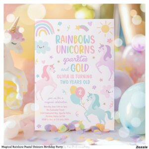 Magical Rainbow Pastel Unicorn Birthday Party Invitation