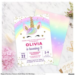 Magical Rainbow Unicorn Gold Glitter Girl Birthday Invitation