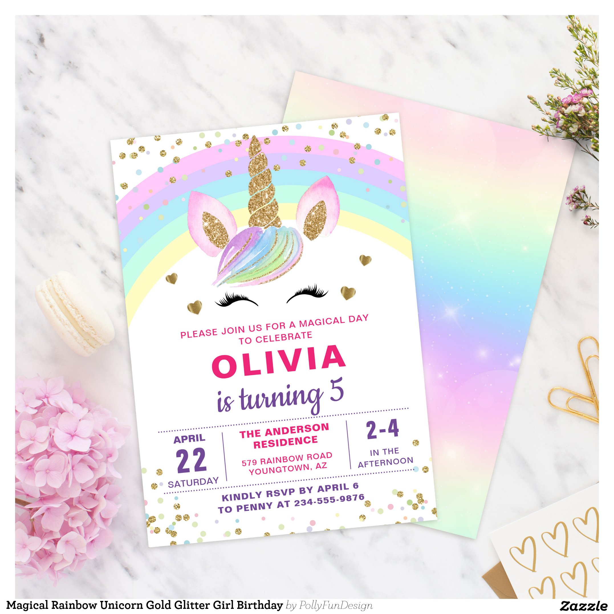 Magical Rainbow Unicorn Gold Glitter Girl Birthday Invitation