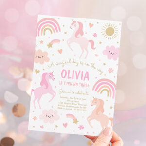Magical Rainbow Unicorn Pink Pastel Birthday Party Invitation