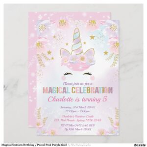Magical Unicorn Birthday / Pastel Pink Purple Gold Invitation