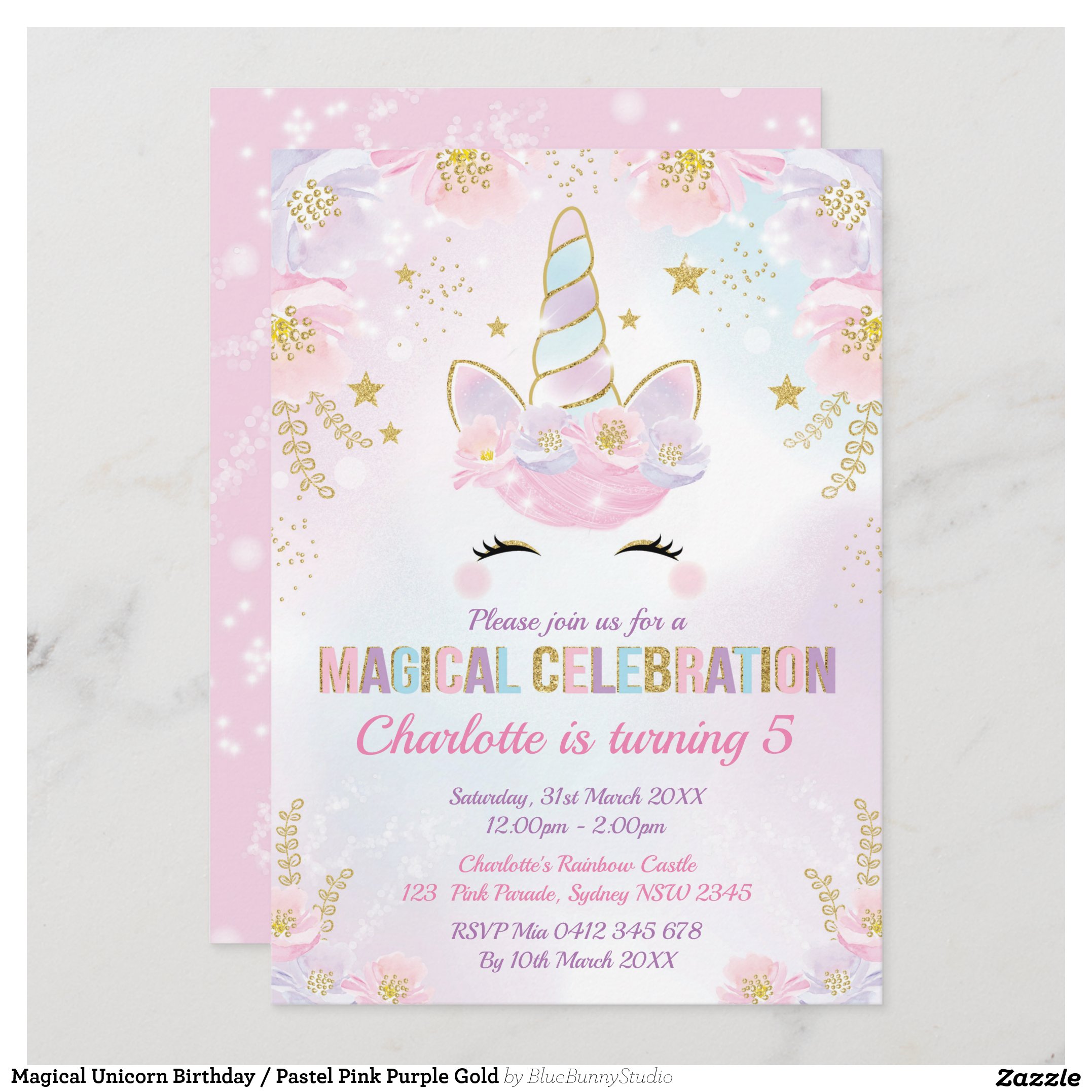Magical Unicorn Birthday / Pastel Pink Purple Gold Invitation