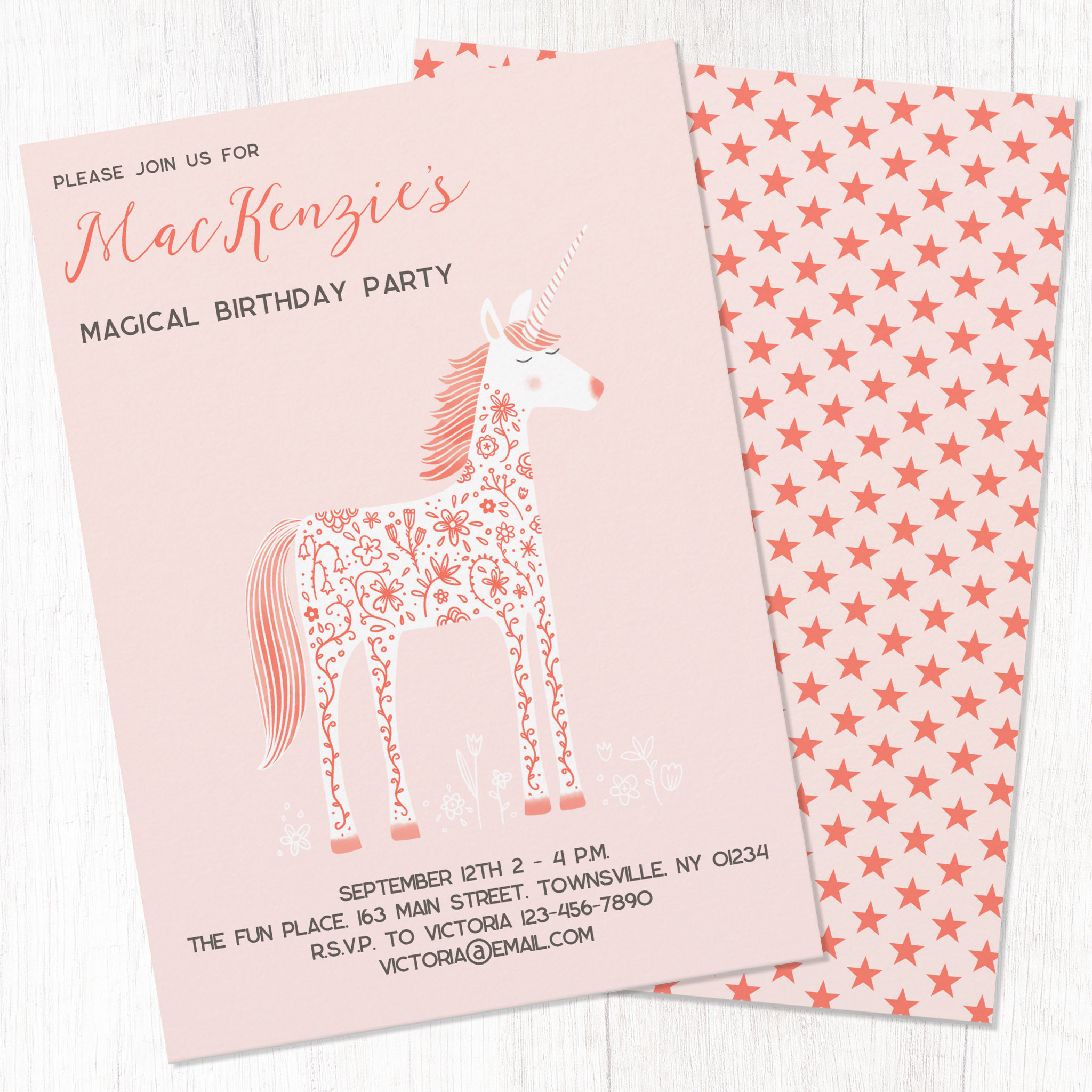 Magical Unicorn Blush Pink Birthday Party Invitation