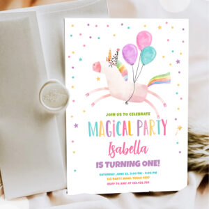 Magical Unicorn Party Rainbow Girl First Birthday Invitation